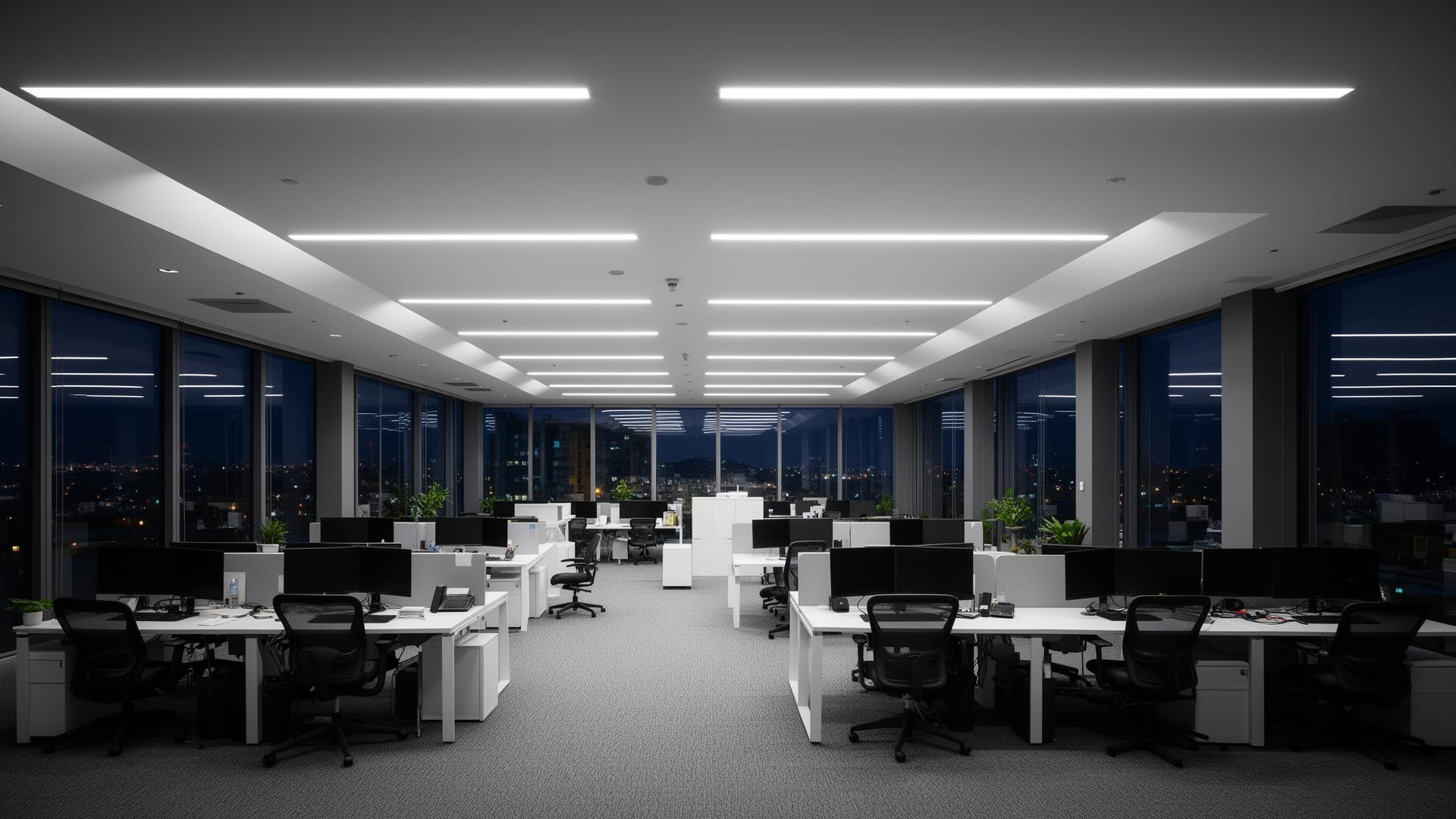 Modern commercial office interior illuminated by brand-new LED panel lighting